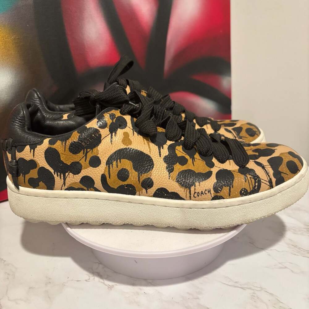 Coach High Line Wild Beast Leopard Print Pebble Leather Low Top Sneakers Sz 8.5 - Picture 5 of 14